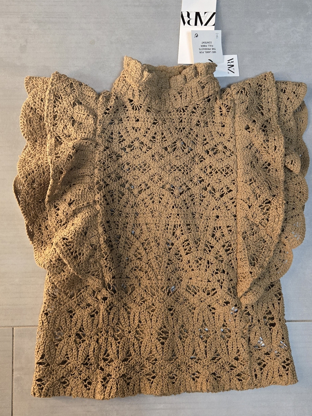 Zara Women's Tan Crochet Ruffle Sleeve Top